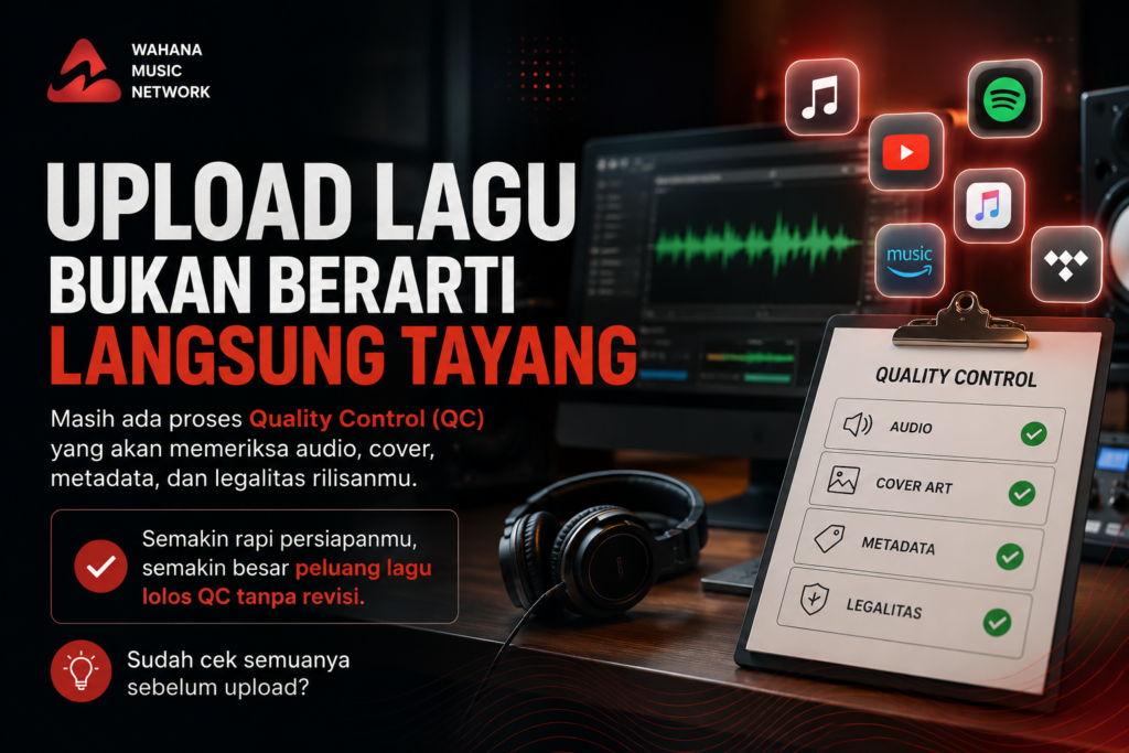 Ilustrasi proses Quality Control (QC) dalam distribusi musik digital sebelum lagu tayang di Spotify, Apple Music, dan platform streaming lainnya.