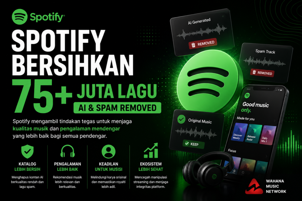 Spotify menghapus jutaan lagu AI dan spam untuk meningkatkan kualitas katalog musik dan mencegah manipulasi streaming.